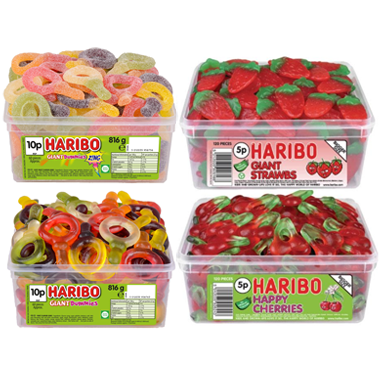 Haribo 4 x Multi Pack Tubs Giant Strawberry's, Sour & Normal Dummies, Happy  Cherries