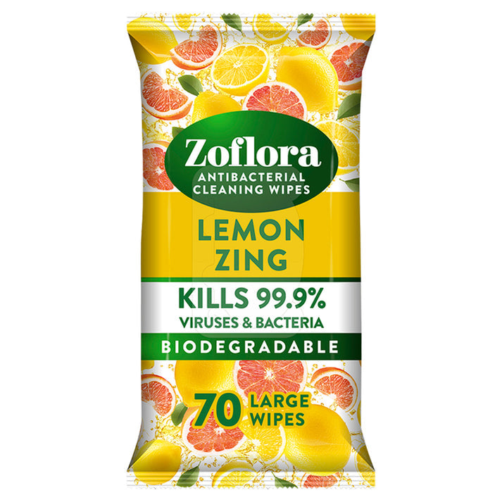 Zoflora Lemon Biodegradable Wipes, Antibacterial Multi-Surface Cleaning Wipes, 70's