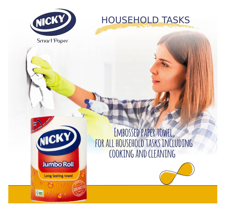 Nicky Jumbo White Kitchen Roll 2Ply, Min 200 Sheet.