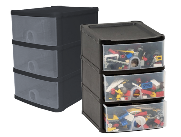 Fixtures 3 Drawer Organiser Unit in Black, Stackable.