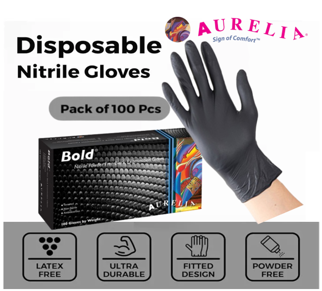 Aurelia Bold Powder Free Medical Grade Nitrile Gloves 100 x Black ALL SIZES