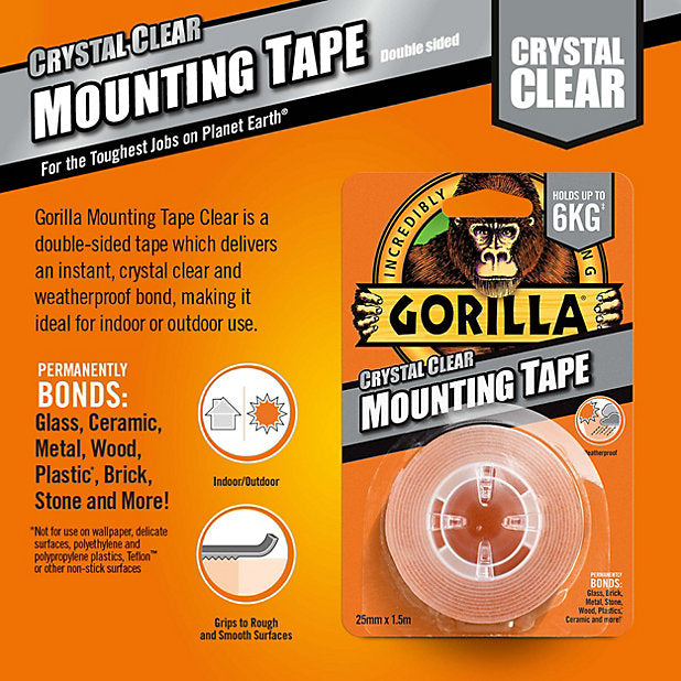 Gorilla 1.5 M Heavy Duty Double Sided Mounting Tape Indoor & Outdoor - Clear