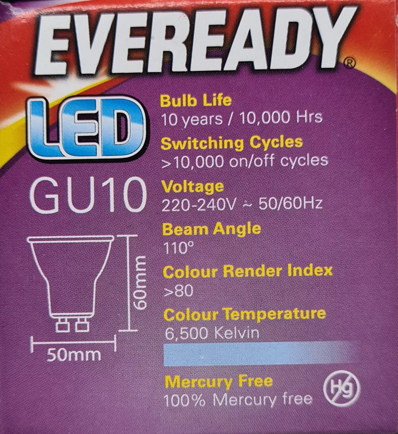 Eveready 4.7w GU10 6500k LED Bulb - Daylight 10,000 Hour Bulbs.