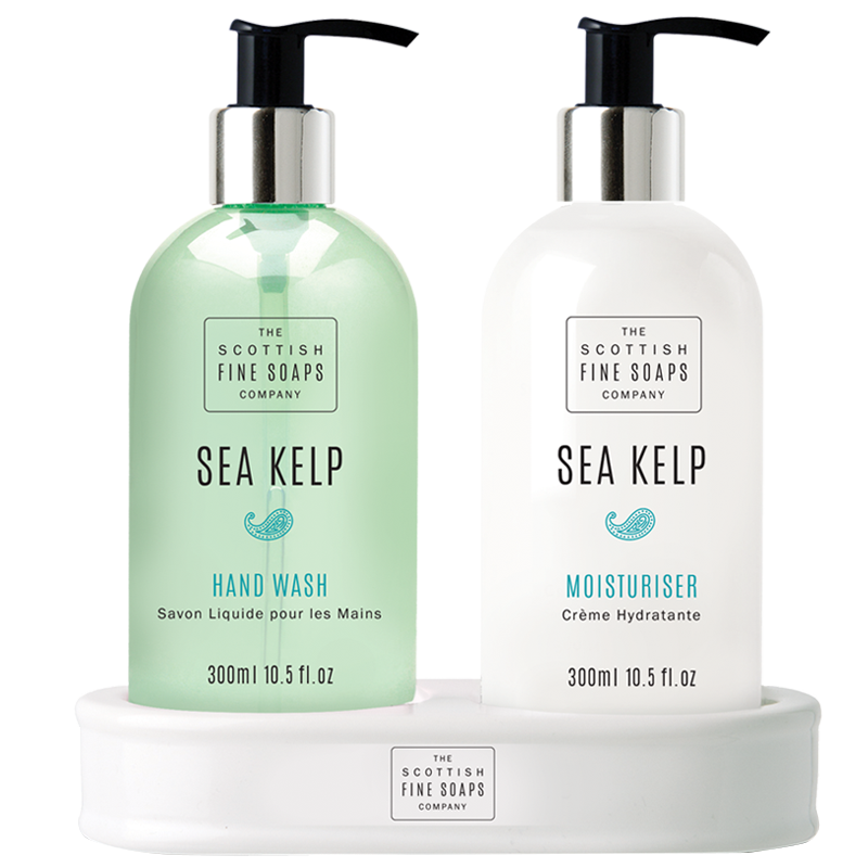 Scottish Fine Soaps Sea Kelp,Luxury 3pc Gift Set 1 x Moisturiser Cream 300ml, 1 x Hand Wash and 2pc Ceramic Bottle Holder