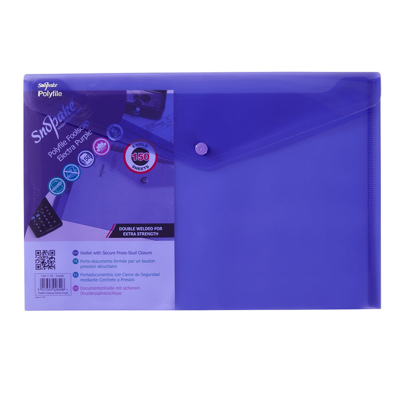 Snopake Polyfile Wallet File Polypropylene Foolscap Electra Purple (Pack 5) - 11162 - UK BUSINESS SUPPLIES