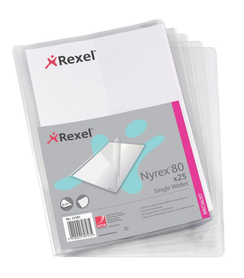 Rexel Nyrex Single Wallet with Pocket PVC A4 180 Micron Clear (Pack 25) 12181 - UK BUSINESS SUPPLIES