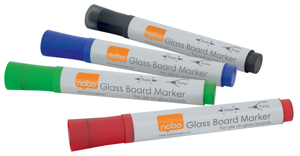 Nobo Glass Whiteboard Marker Bullet Tip 3mm Line Assorted Colours (Pack 4) 1905324 - UK BUSINESS SUPPLIES