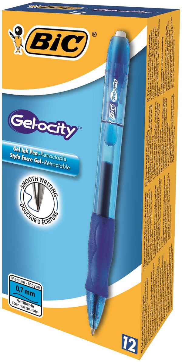 Bic Gel-ocity Grip Retractable Gel Rollerball Pen 0.7mm Tip 0.3mm Line Blue (Pack 12) - 829158 - UK BUSINESS SUPPLIES