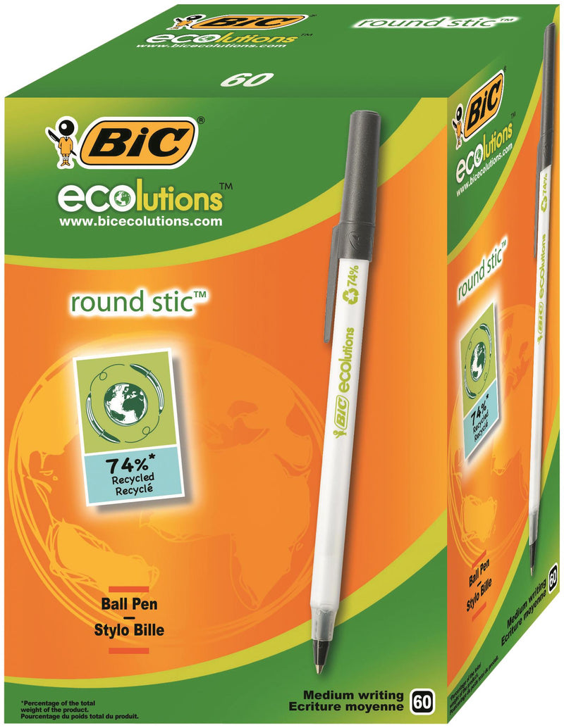 Bic Ecolutions Round Stic Ballpoint Pen Recycled 1mm Tip 0.32mm Line Black (Pack 60) - 8932392 - UK BUSINESS SUPPLIES