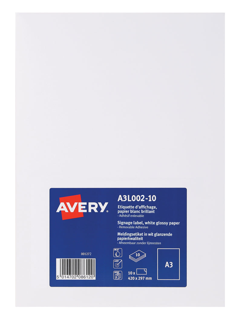 Avery Display Label A3 Removable Gloss White (Pack 10 Labels) A3L002-10 - UK BUSINESS SUPPLIES