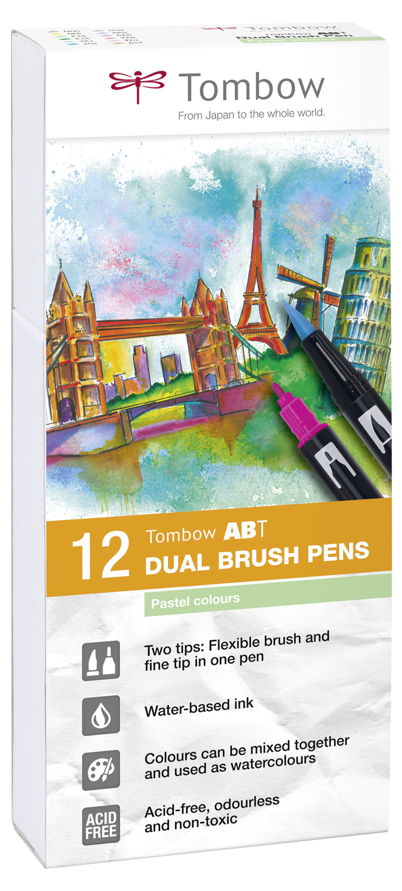 Tombow ABT Dual Brush Pen 2 Tips Pastel Assorted Colours (Pack 12) - ABT-12P-2 - UK BUSINESS SUPPLIES