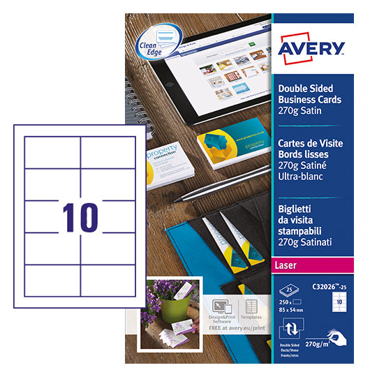 Avery Colour Laser Satin Bus Cards (Pack 250) C32026-25 - UK BUSINESS SUPPLIES