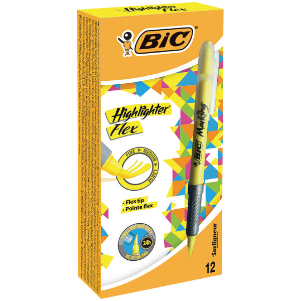 Bic Flex Highlighter Pen Chisel Tip 1.6-3.3mm Line Yellow (Pack 12) - 942040 - UK BUSINESS SUPPLIES