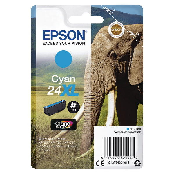 Epson 24XL Elephant Cyan High Yield Ink Cartridge 9ml - C13T24324012 - UK BUSINESS SUPPLIES