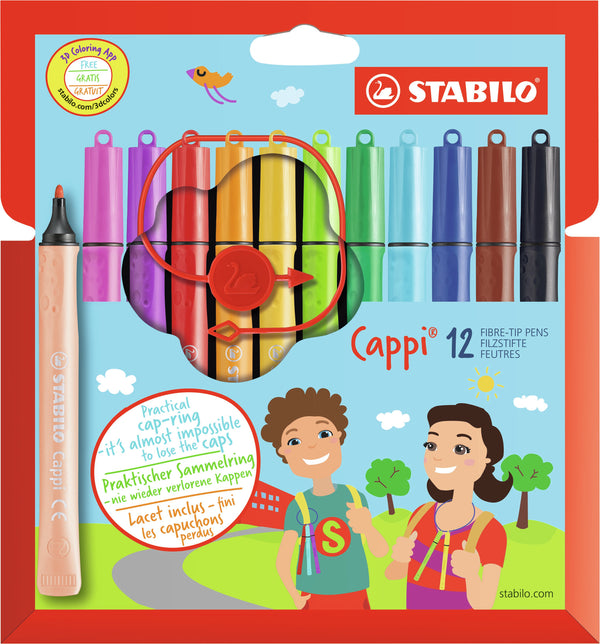 STABILO Cappi Felt Tip Pen with Cap Ring Assorted Colours (Wallet 12) - 168/12-4 - UK BUSINESS SUPPLIES