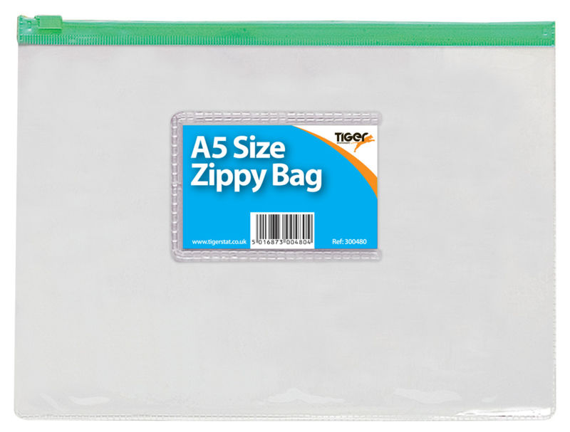 Tiger Zippy Bag Polypropylene A5 180 Micron Clear with Assorted Colour Zips - 300480 - UK BUSINESS SUPPLIES