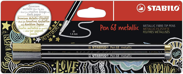 STABILO Pen 68 Metallic Fibre Tip Pen 1.4mm Line Metallic Gold/Silver (Pack 2) - B-53044-10 - UK BUSINESS SUPPLIES