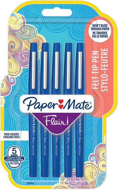 Paper Mate Flair Fibre Tip Pen Medium Point 0.7mm Blue (Pack 5) 2028647 - UK BUSINESS SUPPLIES