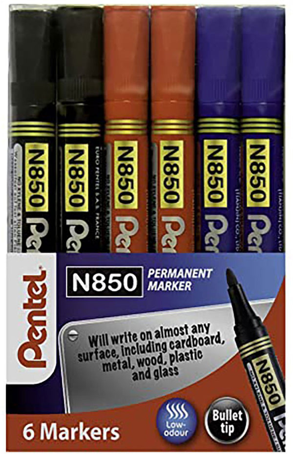 Pentel N850 Permanent Marker Bullet Tip 2.1mm Line Assorted (Pack 6) YN850/6-M - UK BUSINESS SUPPLIES