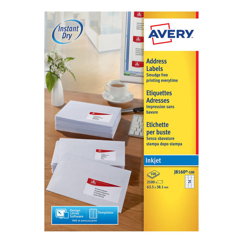 Avery Inkjet Address Label 63.5x38.1mm 21 Per A4 Sheet White (Pack 2100 Labels) J8160-100 - UK BUSINESS SUPPLIES