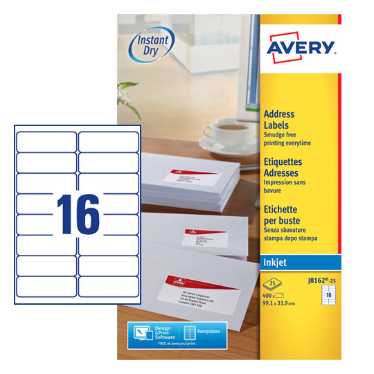 Avery Inkjet Address Label 99x34mm 16 Per A4 Sheet White (Pack 400 Labels) J8162-25 - UK BUSINESS SUPPLIES