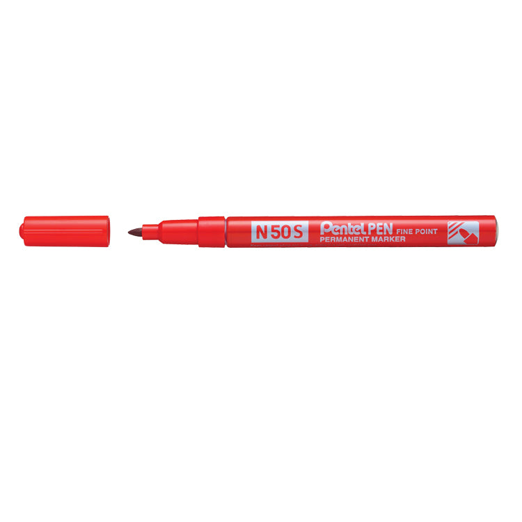 Pentel N50S Permanent Marker Fine Bullet Tip 0.5-1mm Line Red (Pack 12) - N50S-B - UK BUSINESS SUPPLIES