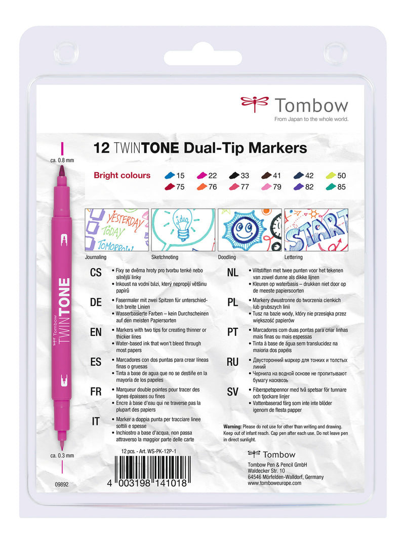 Tombow TwinTone Dual Tip Marker 0.8mm and 0.3mm Line Bright Assorted Colours (Pack 12) - WS-PK-12P-1 - UK BUSINESS SUPPLIES