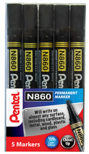 Pentel N860 Permanent Marker Chisel Tip 1.8 - 4.5mm Line Black (Pack 5) YN860/5-A - UK BUSINESS SUPPLIES